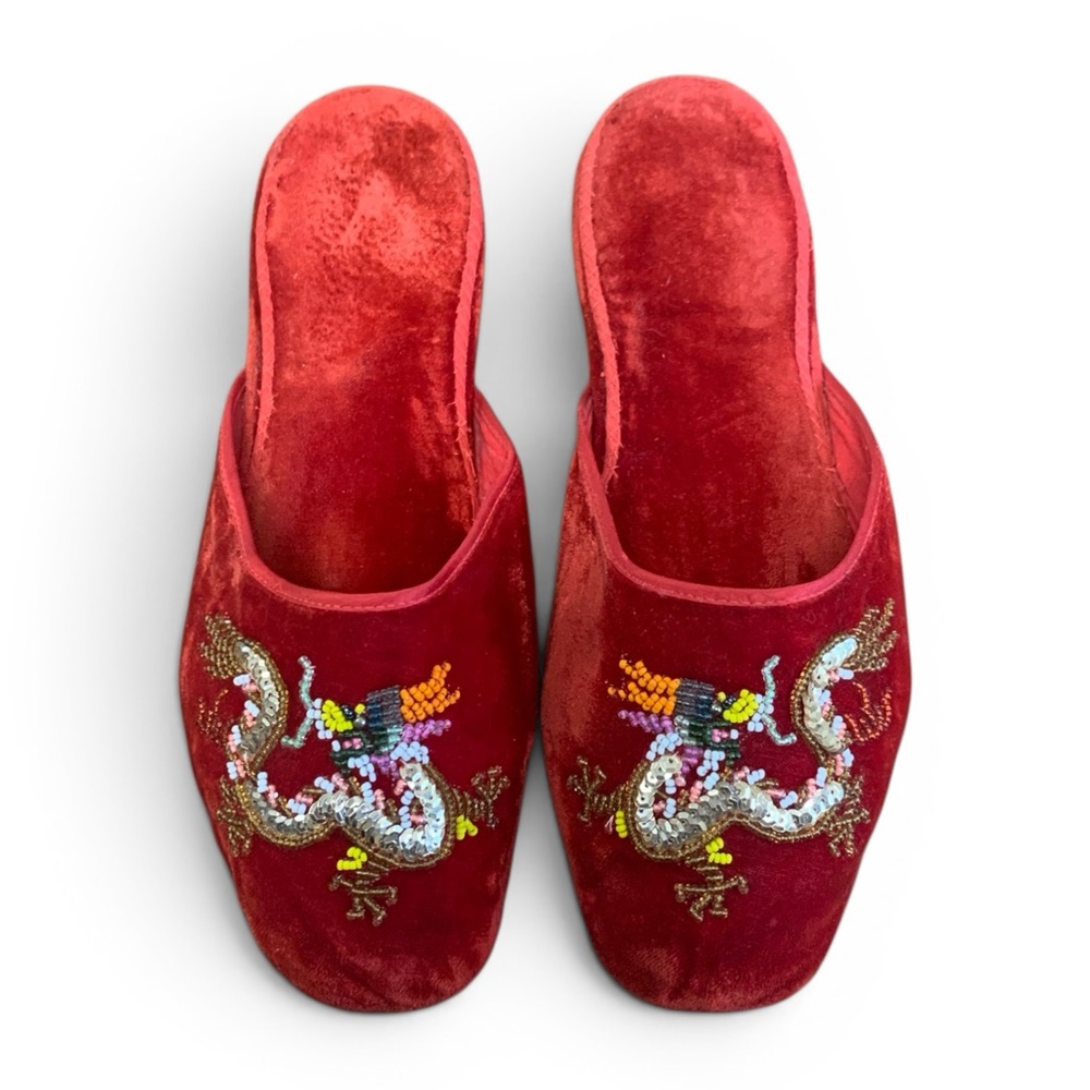 Vintage 80s Chinese Red Velvet Beaded Dragon Slippers | Embroidered Mules